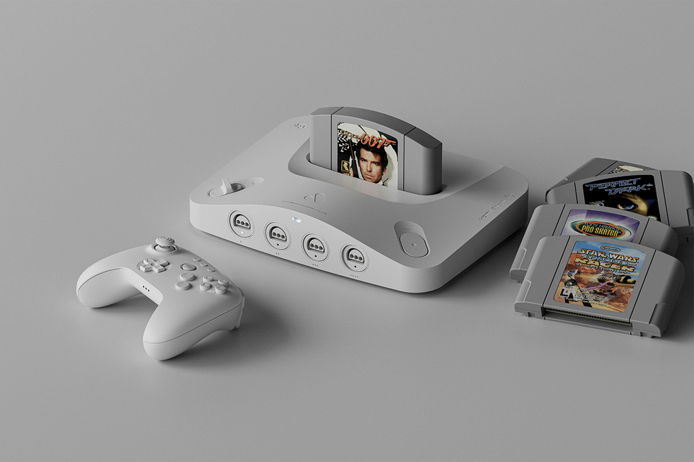 A retro gaming console resembling an old school nintendo 64.