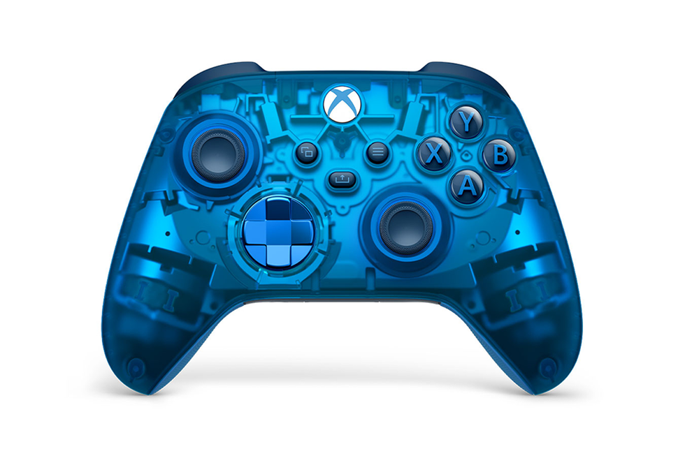 A see-through blue xbox controller.