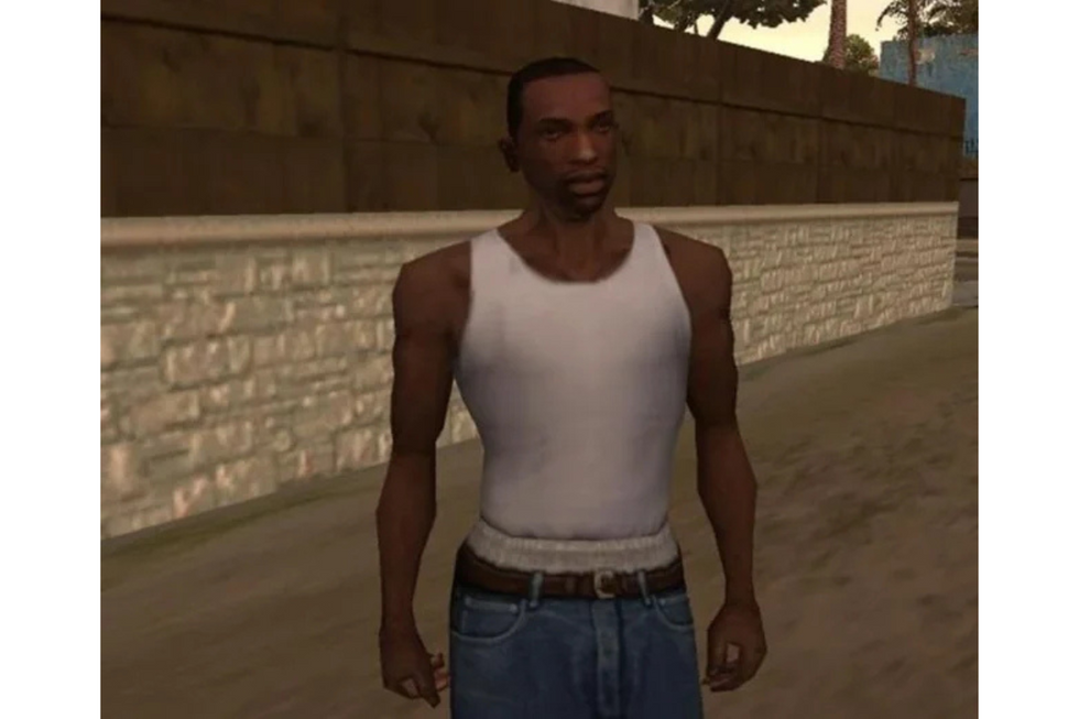 Carl "CJ" Johnson in a white tank top in the classic "Ah shit here we go again" photo.