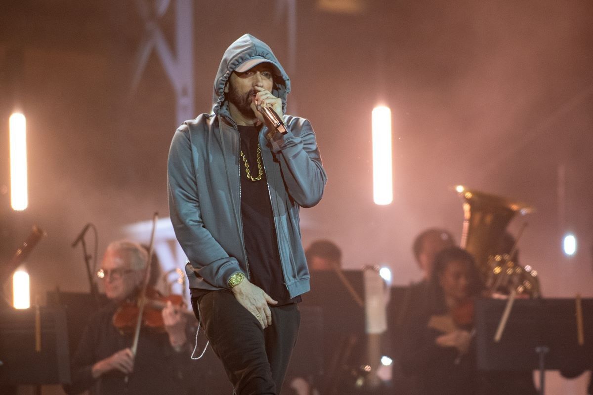 Eminem performs onstage at Live from Detroit: The Concert at Michigan Central" at Michigan Central Station on June 06, 2024 in Detroit, Michigan.