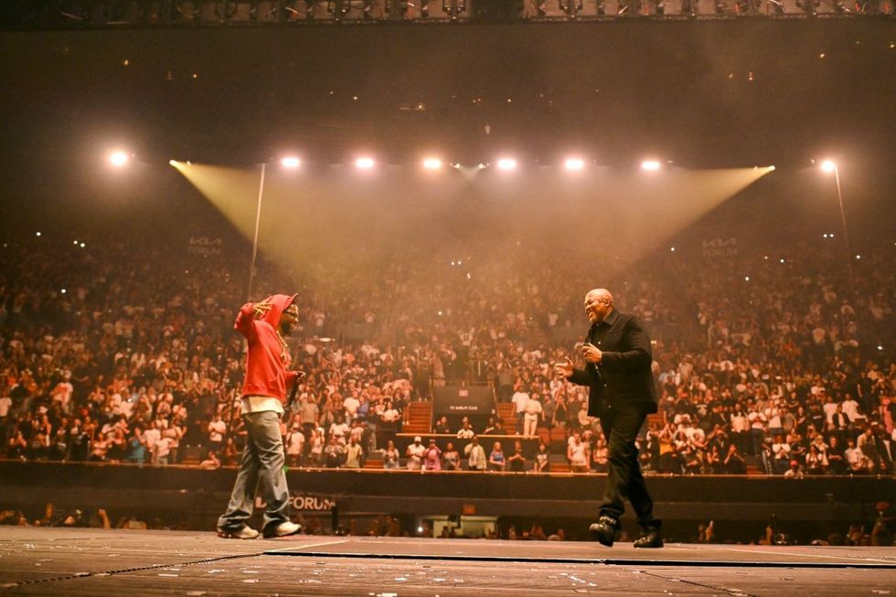 Kendrick Lamar and Dr. Dre perform onstage during The Pop Out \u2013 Ken & Friends Presented by pgLang and Free Lunch at The Kia Forum on June 19, 2024 in Inglewood, California.