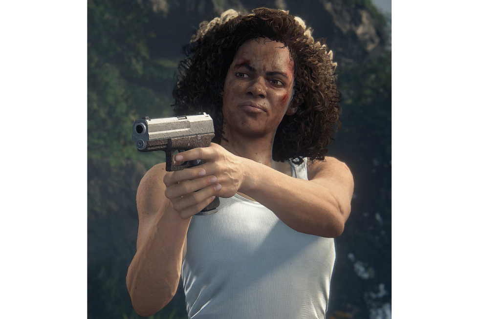 Nadine Ross from Uncharted holding a pistol.