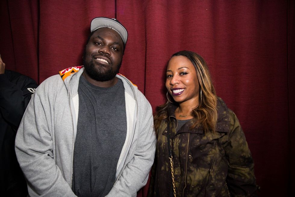 Rapper Chuck Strangers (L) and Nicole Plantin pose backstage at Mac Miller's performance at House of Blues Sunset Strip on December 5, 2013 in West Hollywood, California.